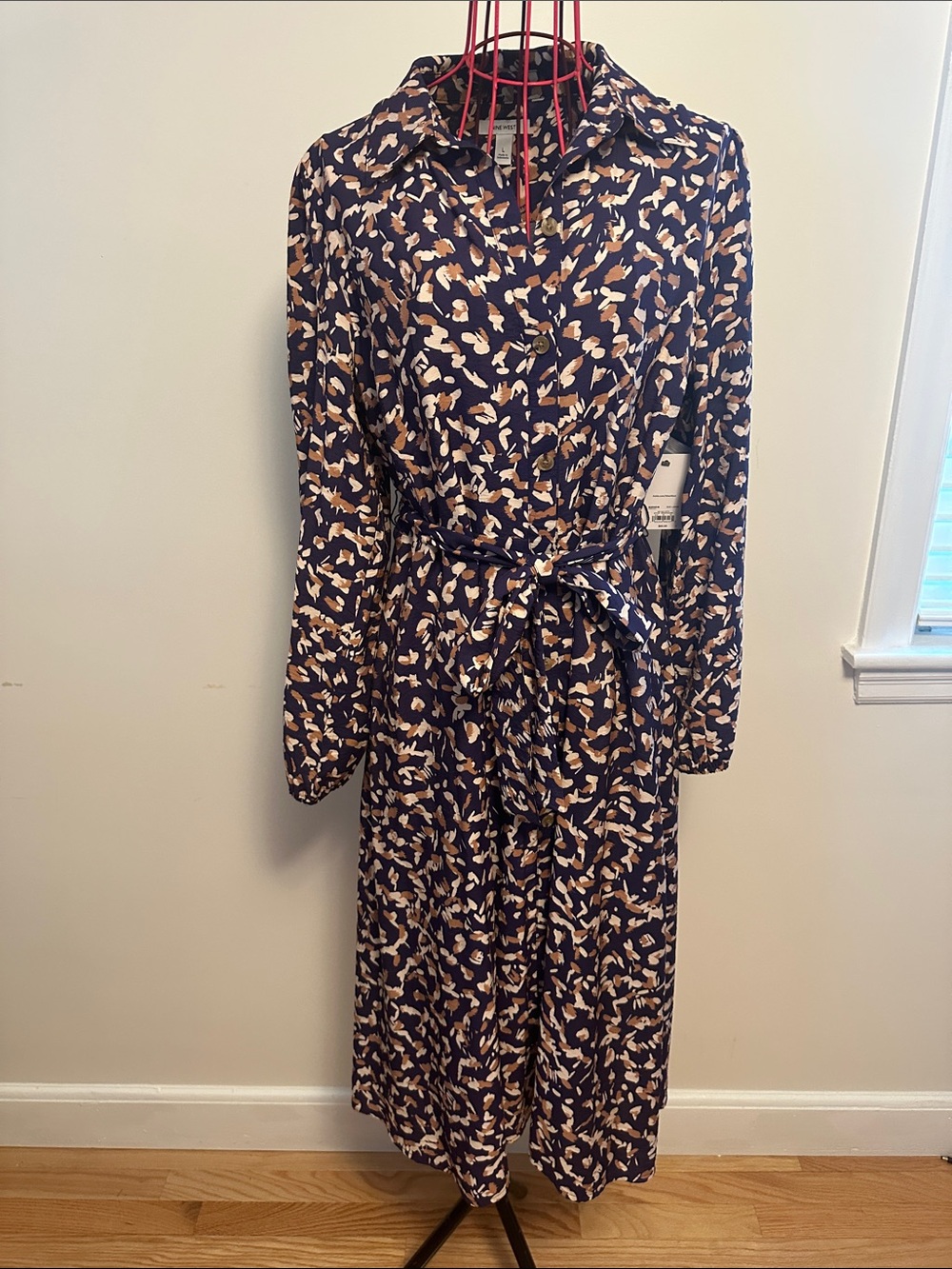 Nine West Navy Floral-Print Button Dress with Brown and Cream Accents